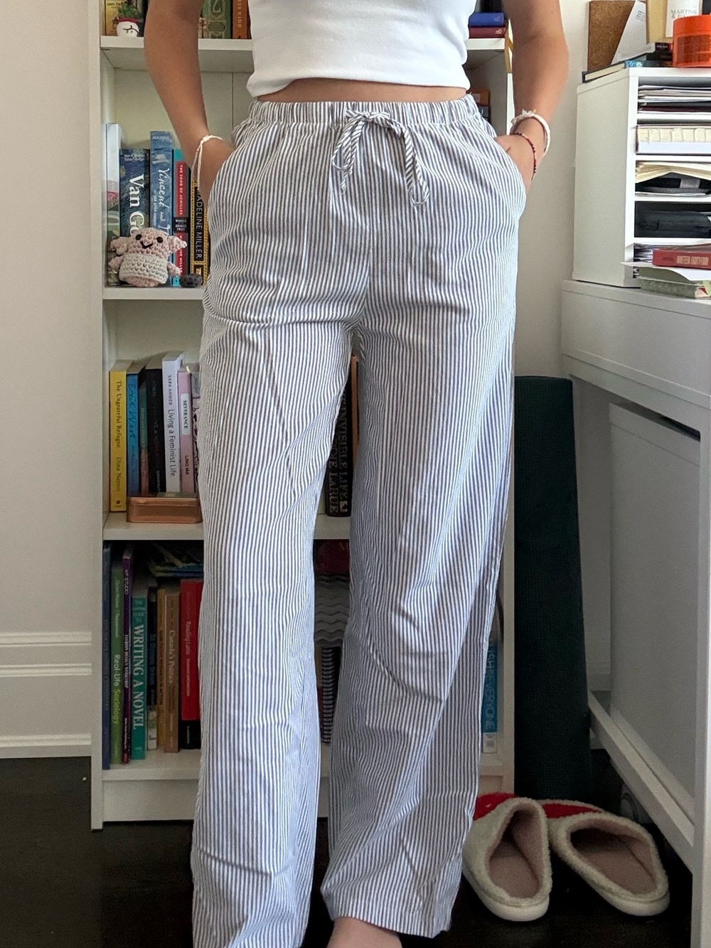 SHEIN White and Blue Striped Drawstring Wide-Leg Pants